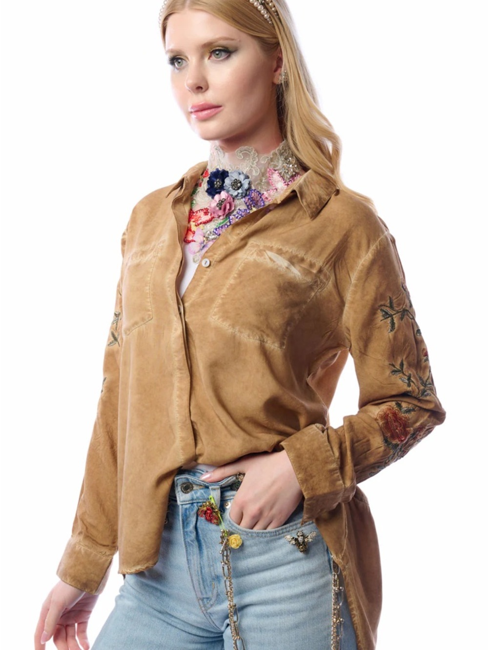 NWT Aratta Tan Kate Western Embroidered Sleeve Button-Down Shirt Top M